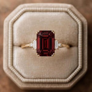 Könnte beinhalten: Ein Goldring mit einem großen, smaragdgeschliffenen, tiefroten Edelstein als Mittelstein, flankiert von zwei kleineren, im Baguetteschliff geschliffenen, klaren weißen Steinen auf jeder Seite, gefasst in eine polierte Goldschiene mit Krappen.