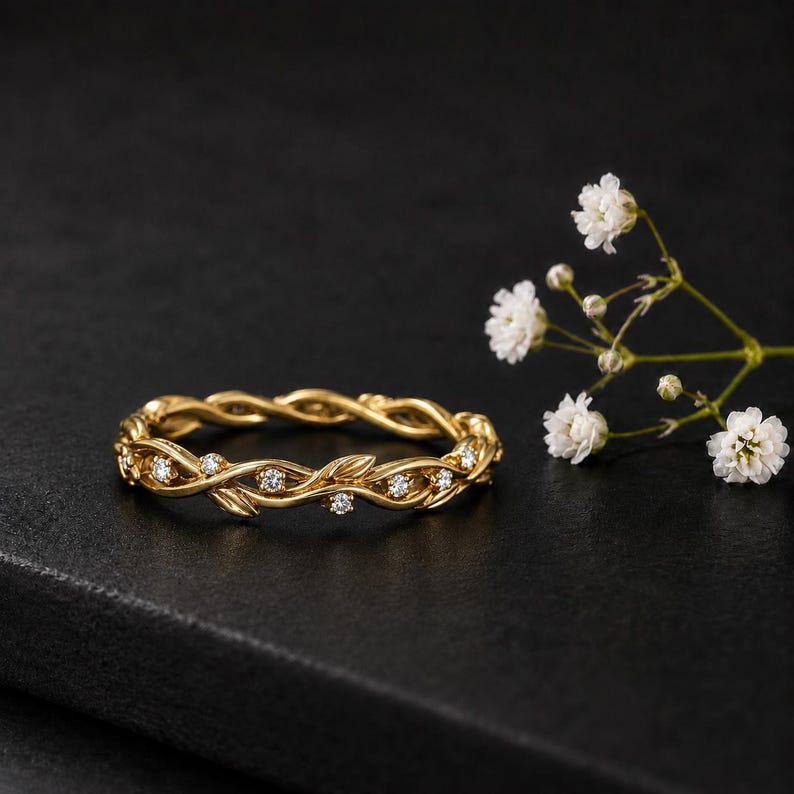 Twisted Vine Moissanite Wedding Band, Nature Inspired Gold Leaf Ring