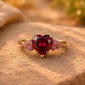 May include: A gold ring featuring a large, central heart-shaped deep red gemstone. The center stone is flanked on both sides by a cluster of smaller, round pink accent stones set into the gold band, creating a symmetrical floral-inspired design.