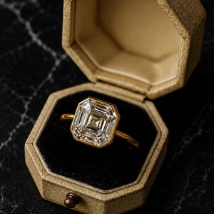 Puede incluir: Un anillo de oro con una gran piedra preciosa transparente de corte cuadrado en un engaste de bisel. El anillo se muestra dentro de un joyero octogonal abierto de color beige con exterior texturizado y forro interior de terciopelo negro.