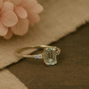 Vintage Emerald Cut Green Amethyst Ring, 14K Solid Yellow Gold, Round CZ Accents