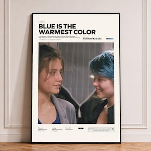 Puede incluir: Un póster de película enmarcado de Blue Is The Warmest Color con una fotografía central de dos personas frente a frente. El texto incluye el título, el director Abdellatif Kechiche, el reparto y un recuadro de clasificación NC-17 abajo.
