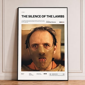 May include: A vertical movie poster for The Silence of the Lambs featuring a centered portrait of a person wearing a tan restraint mask with metal bars over the mouth. The white background includes black text detailing the film credits and plot.