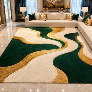 Modern Emerald Green Gold Rug, 3D Wave Pattern Tufted Area Rug, Luxury Wavy Living Room Floor Mat, Abstract Boho Velvet Aesthetic Rug