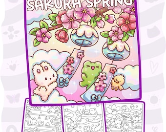 Könnte beinhalten: Eine farbenfrohe Illustration mit dem Titel SAKURA SPRING, die rosa Kirschblüten, zwei Windspiele aus Glas, einen flauschigen weißen Hasen, einen grünen Frosch und ein gelbes Küken zeigt. Darunter befinden sich drei schwarz-weiße Malvorlagen.