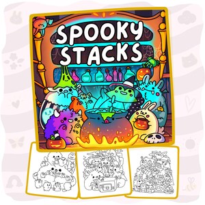 May include: A colorful illustration titled SPOOKY STACKS featuring cartoon monsters around a bubbling cauldron with shelves of potions in the background, accompanied by three black and white line art coloring pages showing similar monster groups.