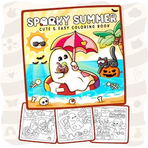 Op de afbeelding: Een kleurboek getiteld Sparky Summer Cute & Easy Coloring Book met een kleurrijke kaft met een geest in een zwemband, een kat op een pompoen en een zon met een zonnebril. Hieronder staan drie zwart-wit kleurplaten met verschillende figuren.