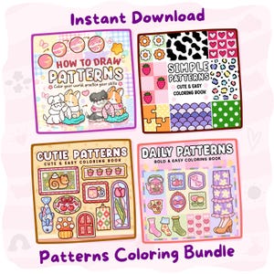 Peut inclure: Un ensemble de livres de coloriage numériques comprenant quatre couvertures carrées intitulées How to Draw Patterns, Simple Patterns, Cutie Patterns et Daily Patterns. Chaque couverture présente des illustrations colorées d'animaux, de fleurs, de nourriture et de formes géométriques.