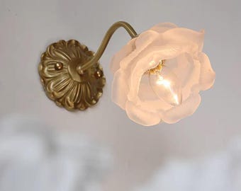 Brass Rose Wall Sconce, Frosted Glass Flower Wall Light, Fluted Arm Vintage Sconce, French Bedroom Bedside Lamp, Floral Wall Lamp