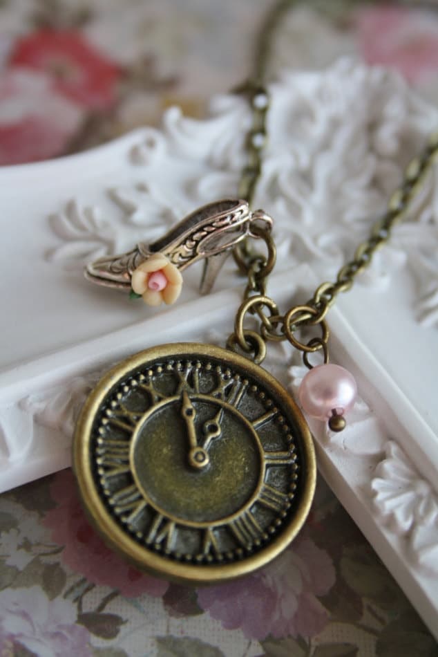 Cinderella necklace 5 mins before midnight vintage charm jewellery clock high heel pendant bronze retro cute accessory fairy tale princess for sale  