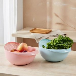 Rice Washing Bowl, Silicone Colander with Double Layer Drain Strainer, Kitchen Rinse Basket for Rice, Pasta, Fruit, Vegetables and Food Prep