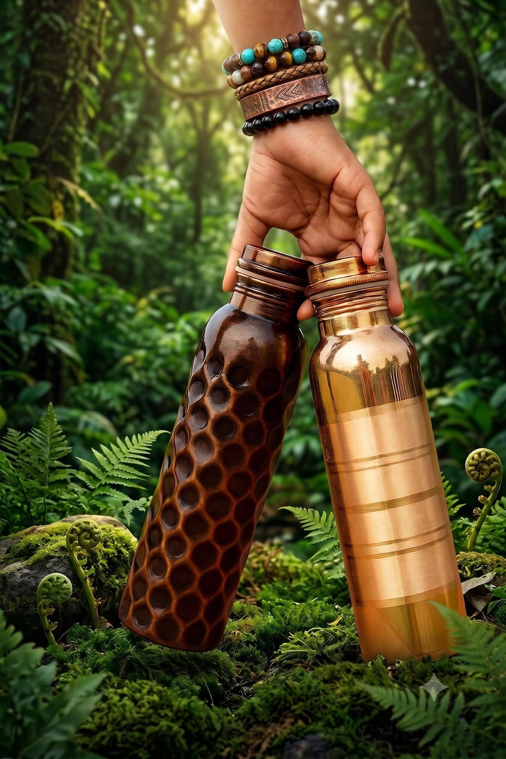 Pure Copper Water Bottle Set of 2 (1000ml Each) Leakproof Ayurvedic Copper Vessel Designer Honeycomb Hammered & Striped Finish Bottles