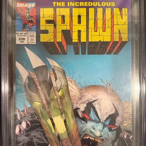 Puede incluir: Un cómic Spawn #226 con calificación 9.6 de CGC en una funda de plástico transparente. La portada muestra un personaje de piel azul con ojos rojos y garras afiladas, con el texto amarillo THE INCREDULOUS SPAWN en la parte superior del estuche.