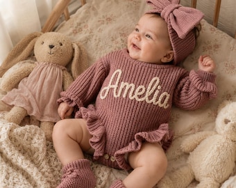 Personalized Knit Baby Romper, Custom Embroidered Name Outfit, Newborn Coming Home Clothes, Baby Shower Gift