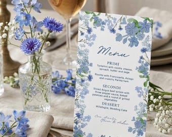 Blue Floral Italian Wedding Menu & Place Card Template | Editable Canva Wedding Reception Stationery