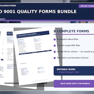 May include: An ISO 9001 Quality Forms Bundle featuring eight editable Word files and eight print-ready PDF files. The document displays an internal audit checklist with sections for audit information, process audit prompts, and evidence and findings.