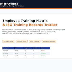 May include: An Employee Training Matrix and ISO Training Records Tracker Excel workbook by ShopFloorSystems. The document includes printable forms, audit evidence, and a sample table showing employee roles, required and completed training.