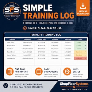 May include: A digital forklift training log template by ShopFloorSystems featuring a table with columns for operator, equipment, training date, evaluator, next due, and status. The document includes text headers, icons, and status color coding.