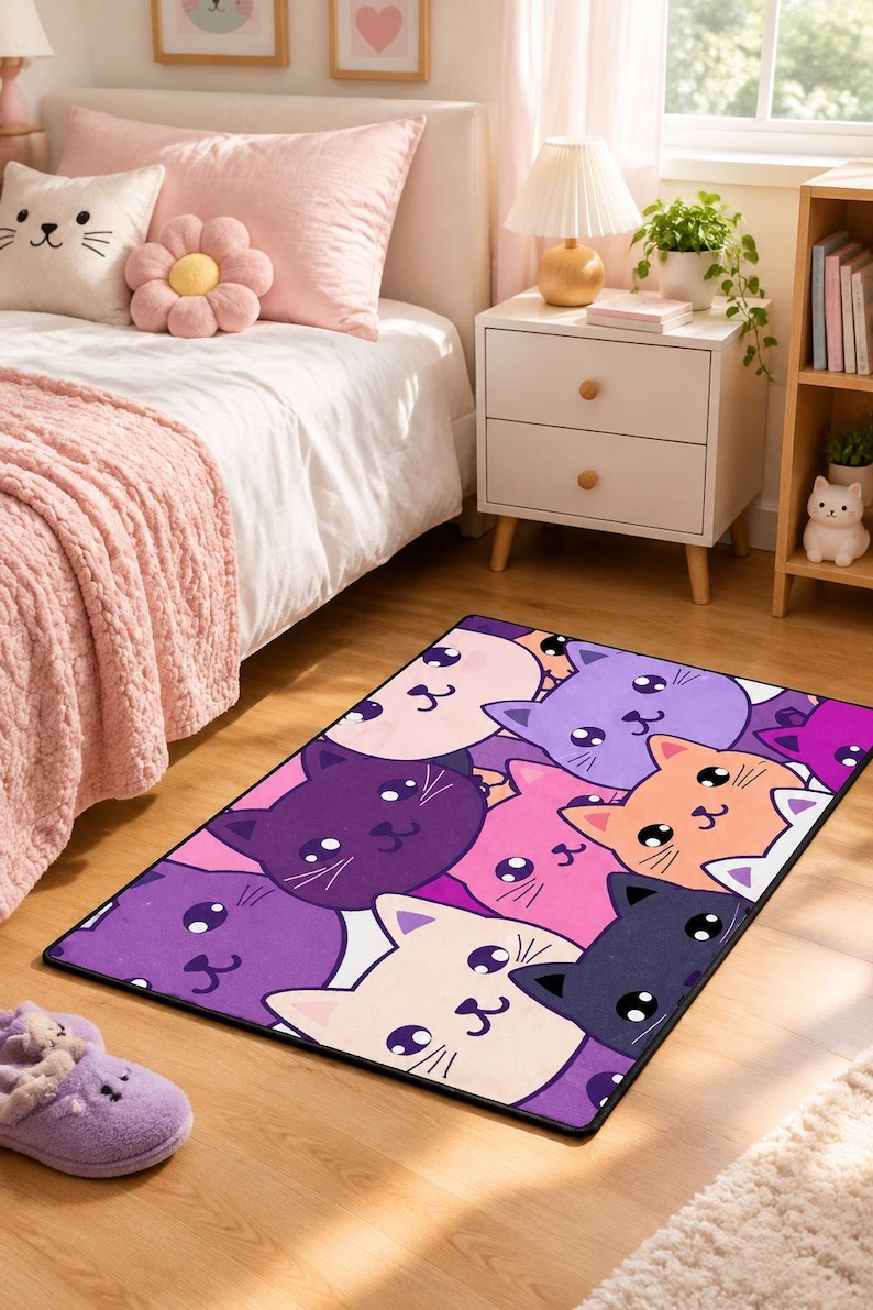 Purple Cartoon Cat Rug, Polyester Area Carpet for Bedroom (2.5x4 Feet ...
