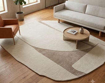 Moroccan Abstract Wool Area Rug | Ivory & Beige Freeform Design | Hand Knotted Boho Statement Rug for Living Room | Organic Shape Design Rug