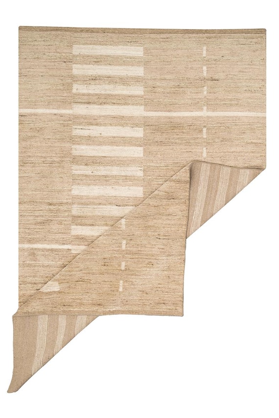 Handwoven Asymmetrical Geometric Area Rug | Tan & Ivory Striped Ladder Wool Carpet | Modern Japandi Scandinavian Living Room Decor