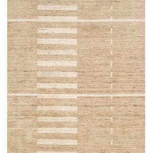 May include: A rectangular area rug featuring a woven texture in shades of tan and beige. The design consists of horizontal and vertical lines forming a grid pattern, with a prominent wide vertical band of alternating light and dark stripes.