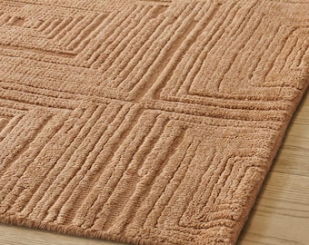 Terracotta Rust Square Grid Wool Rug, Modern Concentric Copper Area Rug, Warm Earthy Pattern Carpet, Custom Size Rug
