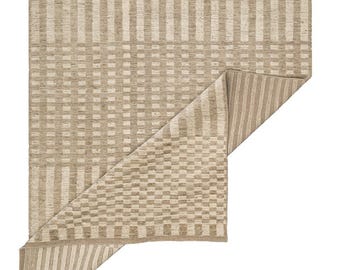 Handwoven Checkerboard Plaid Grid Area Rug | Taupe & Cream Geometric Wool Carpet | Modern Japandi Scandinavian Living Room
