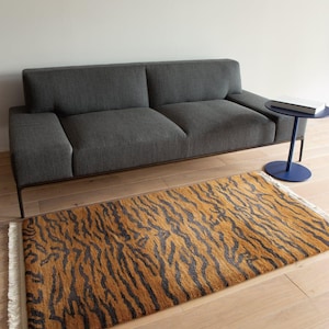 Amber Tiger Stripe Rug | Japanese Animal Print Wave Pattern Fringe Rug | Rust Black Bold Accent Rug for Living Room & Study