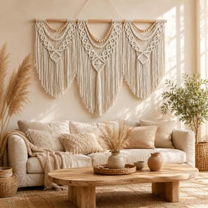 Op de afbeelding: Een grote crèmekleurige macramé wandhanger met drie symmetrische secties van ingewikkelde knooppatronen, hangend aan een horizontale houten roede, geaccentueerd met rijen lichte houten kralen en lange, vloeiende franjes.