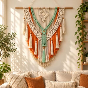 Op de afbeelding: Een grote macramé wandhanger van crèmekleurig, saliegroen en roestoranje katoenen koord. Het ontwerp bevat ingewikkelde knooppatronen, een centraal ruitmotief, houten kralen en meerdere lange kwasten die aan een houten stok hangen.