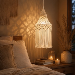 May include: A cream-colored macrame pendant light fixture featuring intricate knotted patterns and long, flowing fringe. The bell-shaped shade is suspended from a cord and emits a warm, soft glow, casting decorative shadows on the surrounding walls.