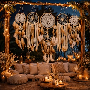 May include: A collection of five interconnected dream catchers featuring white crocheted centers, wooden beads, and hanging tan feathers and lace ribbons. A central crescent moon charm with a small star hangs from the middle dream catcher.