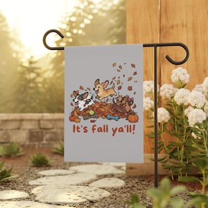 Tuinvlag 'It's Fall Y'all' | Tuinbanner met hondjes in bladeren