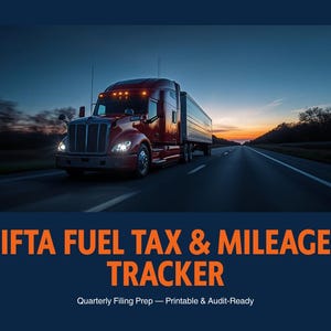 Op de afbeelding: Een digitaal document getiteld IFTA FUEL TAX & MILEAGE TRACKER met de ondertitel Quarterly Filing Prep — Printable & Audit-Ready. De afbeelding toont een rode vrachtwagen op een snelweg tijdens zonsondergang met een donkerblauwe achtergrond.