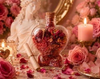 Aphrodite Love Spell Jar for Attraction and Self Love, Heart Shaped Witch Bottle Altar Decor, Witchcraft Ritual Crystals and Rose Petal Herb
