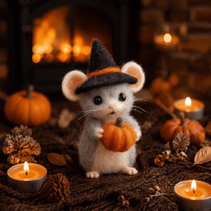Puede incluir: Una figura de ratón gris de lana fieltrada que lleva un sombrero de bruja negro con una banda naranja. El ratón tiene orejas grandes, ojos negros y bigotes blancos, y sostiene una pequeña calabaza naranja en sus patas delanteras.