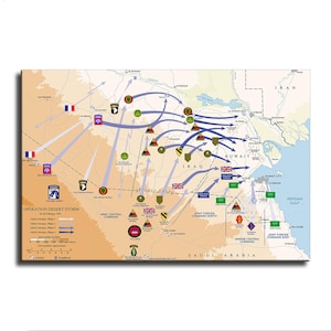 May include: A military map titled Operation Desert Storm 24-28 February 1991, displaying Iraq, Kuwait, and Saudi Arabia. It features blue arrows indicating allied advances, various military unit insignias, national flags, and a legend.