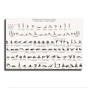 May include: A white rectangular poster titled Ashtanga Vinyasa Yoga Primera Serie - Yoga Chikitsa, featuring numerous black silhouette illustrations of yoga poses arranged in rows with their corresponding Sanskrit names printed in black text.
