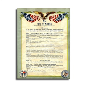 May include: A printed document titled The Bill of Rights featuring the original ten amendments to the Constitution. The top displays a bald eagle with two American flags. The bottom includes a cross with a red poppy and a circular military emblem.