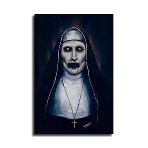 May include: A digital painting of a nun with pale, greyish skin, piercing yellow eyes, and a dark, shadowed mouth. The figure wears a traditional black and white habit with a simple cross necklace. The name Warren is signed in the bottom right corner.