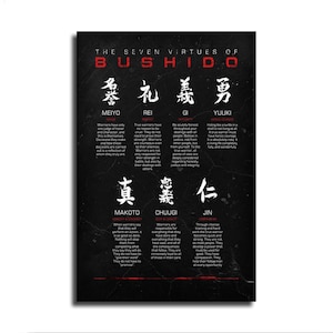 Könnte beinhalten: Ein schwarzes Poster mit dem Titel The Seven Virtues of Bushido in roter Schrift. Es zeigt sieben japanische Kanji-Zeichen in Weiß, jeweils gepaart mit ihrem romanisierten Namen, der englischen Übersetzung und einer Beschreibung.