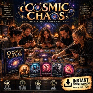 Può includere: Gioco di carte strategico fantasy stampabile Cosmic Chaos con scatola, tabellone e carte con illustrazioni a tema spaziale come Solar Ego, Overthinkopus, Toxic Romance, Eclipse Hunt e Flamenco, inclusi dettagli del gioco e icona download.