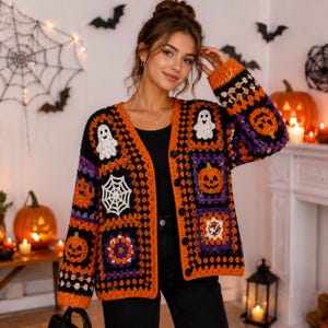 Halloween Granny Square Cardigan Crochet Pattern, Spooky Ghost Pumpkin Sweater (PDF Pattern)