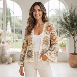Patrón de Cardigan Granny Square a Crochet PDF, Chaqueta Boho Floral, Cubre Traje de Baño de Encaje