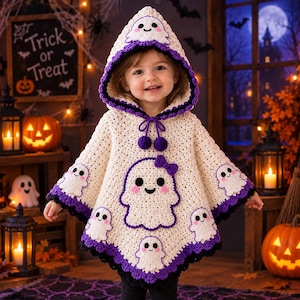 May include: A cream-coloured crochet hooded poncho featuring multiple white ghost appliqués with pink cheeks and black eyes. The garment has a purple and black scalloped border, a purple drawstring with pom-poms, and a small purple bow on the central ghost.