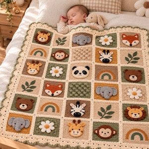 May include: A crochet baby blanket featuring a grid of squares with appliqued designs including lions, elephants, monkeys, giraffes, pandas, bears, foxes, zebras, rainbows, flowers, and leaves in shades of cream, green, and brown.