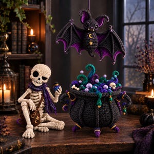 Könnte beinhalten: Eine gehäkelte schwarze Fledermaus mit violetten Flügelakzenten, eine beige Skelettfigur mit violettem Schal und brauner Umhängetasche sowie ein schwarzer gehäkelter Kessel mit violetten und türkisfarbenen Garnblasen.