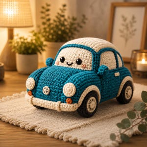 May include: A teal and cream crochet toy car with a rounded body, circular headlights, and black button eyes. The vehicle features a smiling expression, textured yarn construction, and a small circular emblem on the front hood, crafted in a classic compact car shape.
