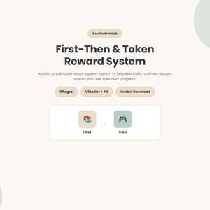 Può includere: Un sistema visivo di ricompensa First-Then & Token di RoutinePrintLab. La grafica presenta testo scuro su sfondo chiaro, incluse le etichette 9 Pages, US Letter + A4 e Instant Download. Un riquadro centrale mostra un'icona di un libro FIRST e un controller THEN.